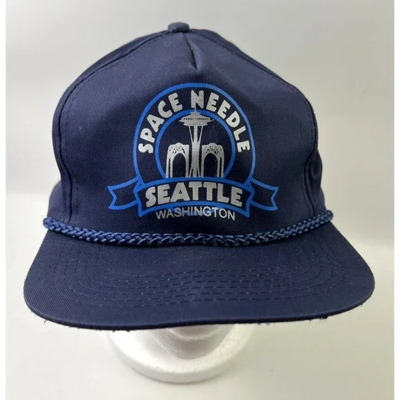 Vintage Blue Space Needle Seattle Washington Rope Snapback Trucker Hat