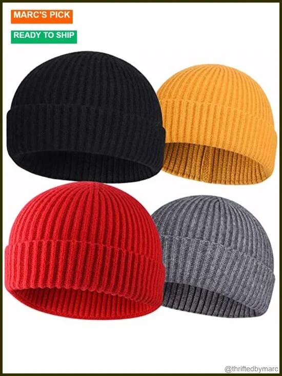 4 Pack Wool Fisherman Beanies for Men, Knit Short Watch Cap Winter Warm Hats