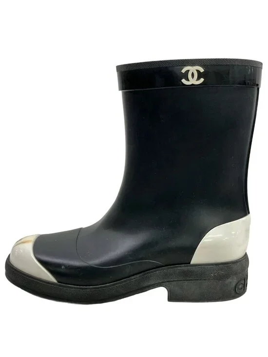 Chanel Rain Boots 36 Black White CC Logo