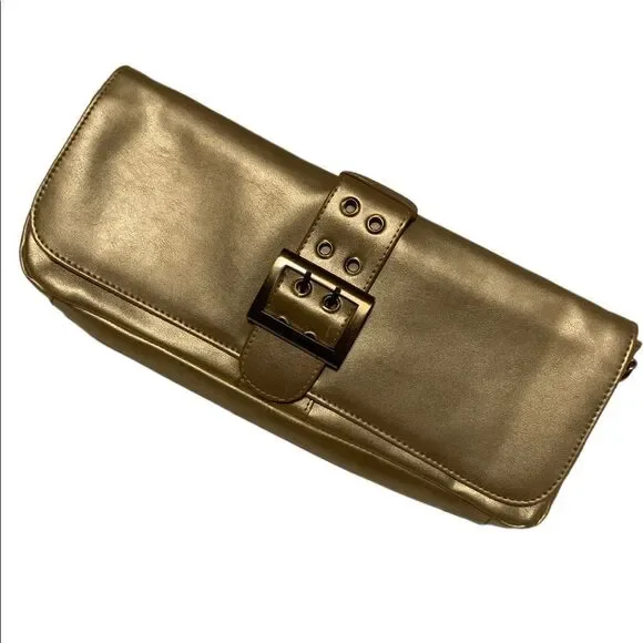 Gold Vegan Leather Clutch W/Removable Chain Strap