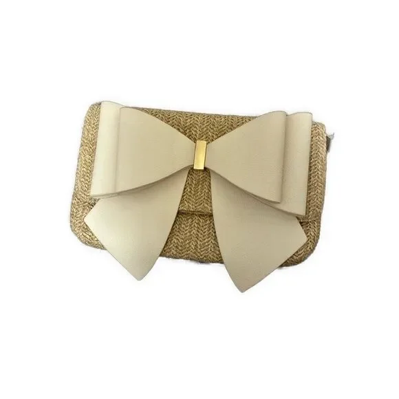 Like Dreams Beige Ivory Vegan Faux Leather Bow Clutch Bag