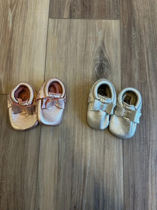Freshly Picked Rose Gold and Platinum Gold Bow Scallop Moccasin bundle sz 1 3-6m