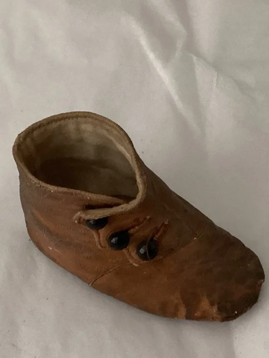 Antique high-top baby/infant brown leather shoe/boot. Victorian era.