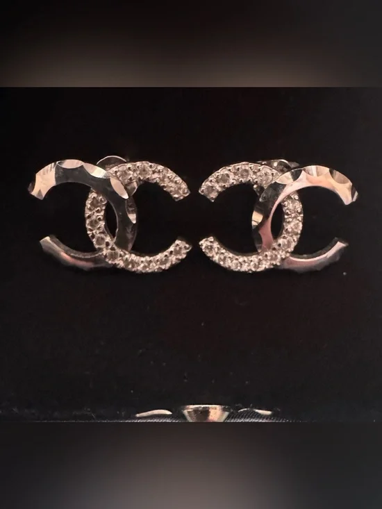 CHANEL Silver CC Crystal Logo Earrings