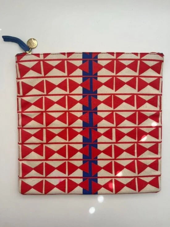 Clare V. Foldover Clutch in Geometric Red Blue Canvas