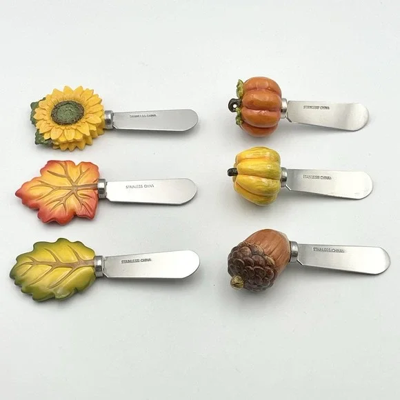 Vintage 2000s Autumn‎ Harvest Cheese Spreaders Sunflower Pumpkin Leaf Acorn Set