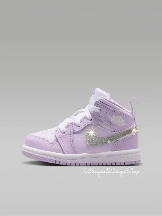 Girls Bling Purple Jordan 1 Mid Sneakers Custom With Clear Swarovski Crystals