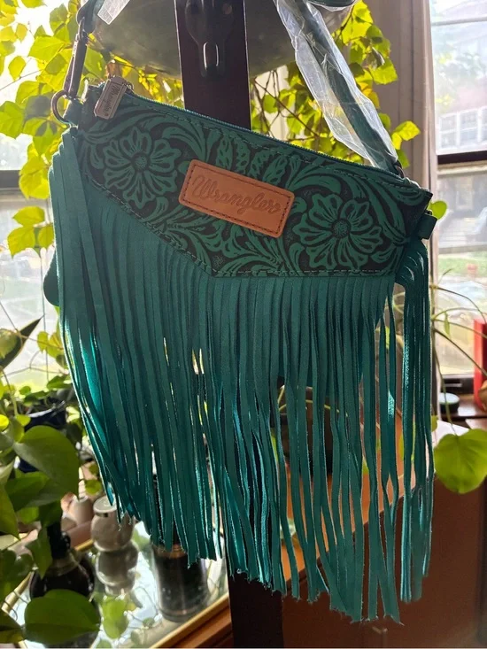 Wrangler Teal Floral Fringe Crossbody and Wristlet