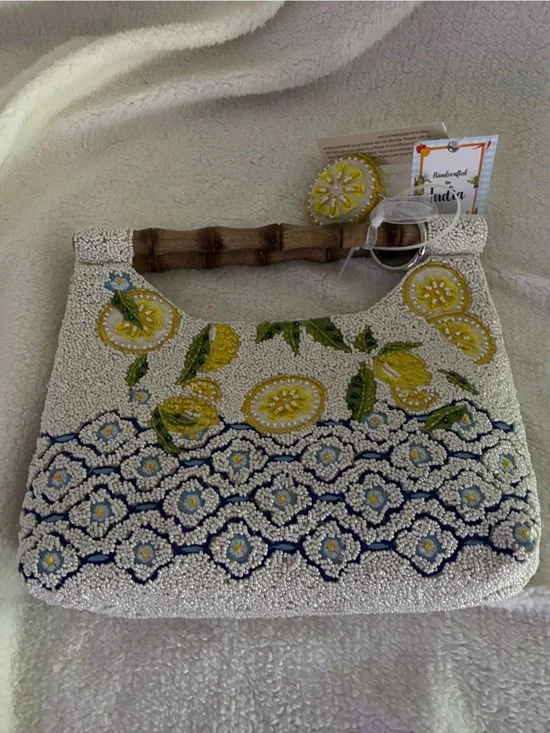 Handcrafted Beaded Lemon Wristlet Clutch with Bamboo Handle - White & Yellow