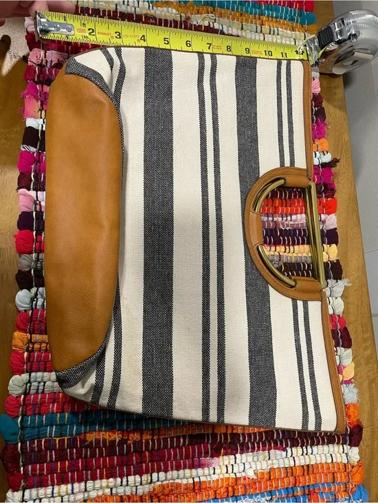 Fossil Black-and-White Striped Canvas Clutch with Tan Leather Trim