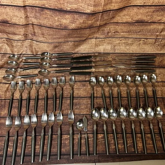 Cosmos Prod Co 1961 Vintage MCM Stainless Flatware 50pc Black Resin Silver Japan