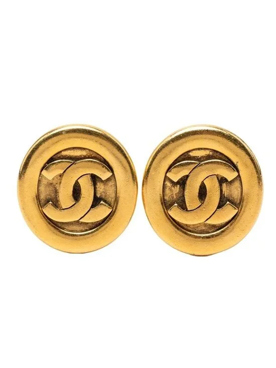 Chanel CC Logo Vintage Round Earrings Gold Plated