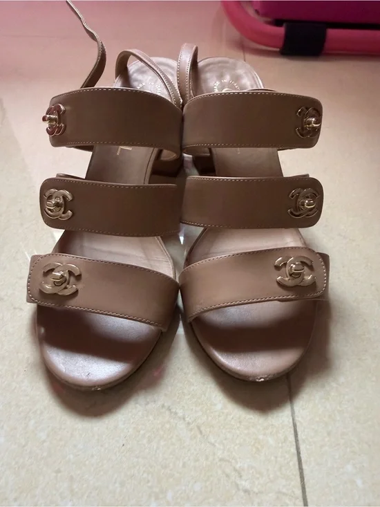 CHANEL Tan Triple-Strap Slingback Sandals with Gold CC Hardware