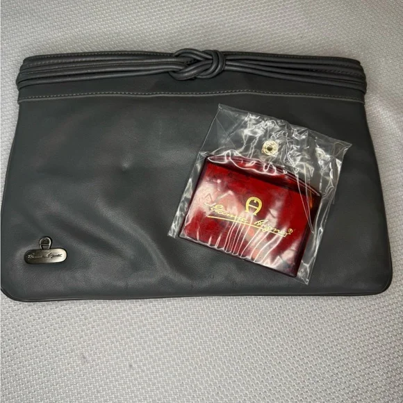Vintage Etienne Aigner Gray Leather Wristlet Clutch Bag Mirror 1980s