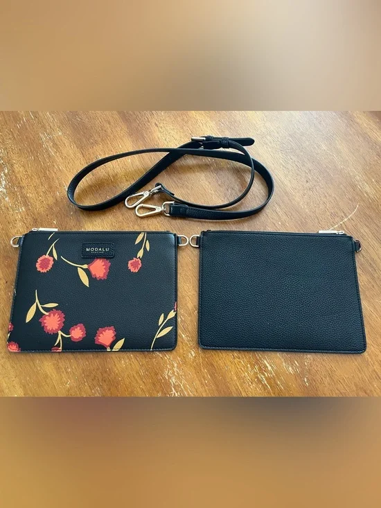 Modalu Black Floral Crossbody Pouch Set with Detachable Strap