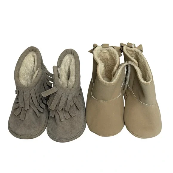 OshKosh B'gosh Tan Bow Booties & Romirus Grey Fringe Moccasins Baby Size 3