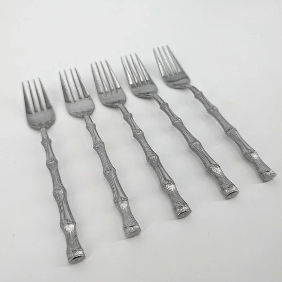 Oxford Hall Stainless Japan Bamboo Handle Dinner Forks Set of 5 7.75