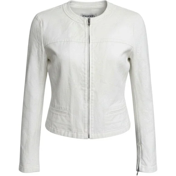 Chanel RUNWAY White Cotton Twill Zip Up Jacket 03A P22140V13234 FR 42 US 10