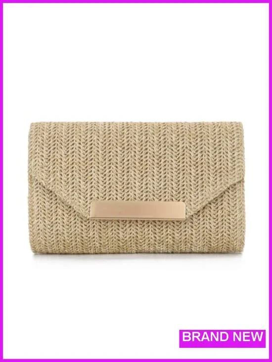 Straw Woven Envelope Clutch with Detachable Chain - PP Straw Beach Evening Bag