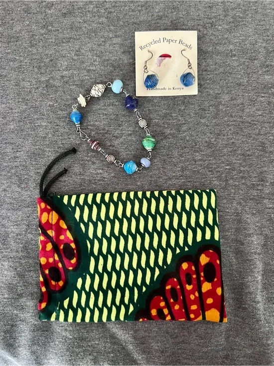 Recycled paper beaded bracelet and earring set. Handmade in Kenya