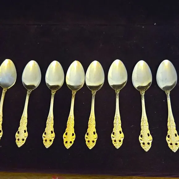 Vintage Azuma Japan Gold Plated Stainless Demitasse Spoons Set of 8 Ornate Baroq