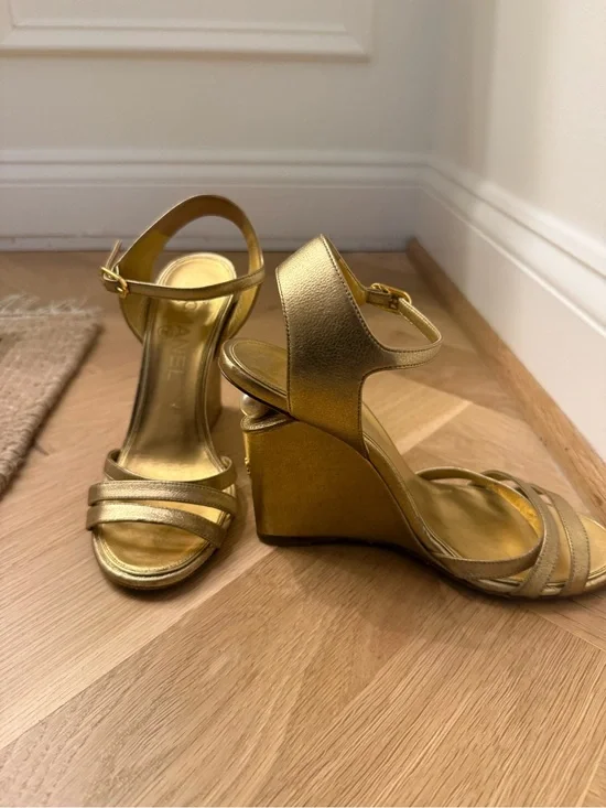 Chanel Metallic Gold Wedge Pearl Sandal 37