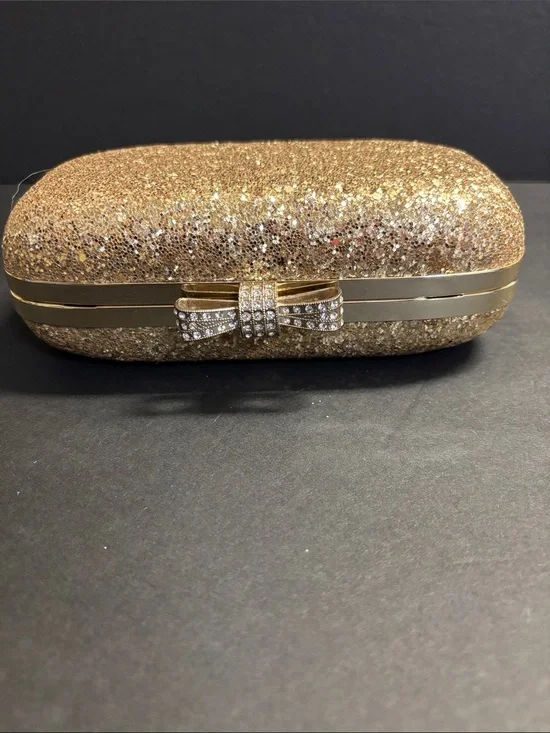 INC International Concepts Gold Glitter Bow Hardcase Clutch