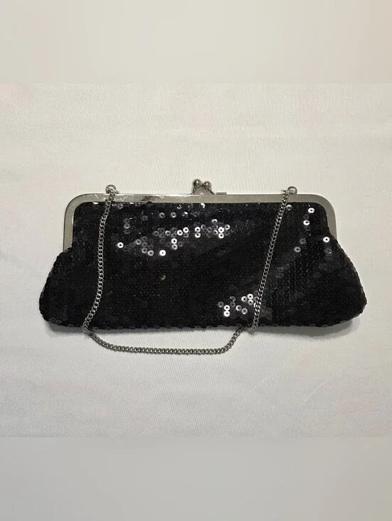 LOFT Black Sequin Evening Clutch with Silver Chain