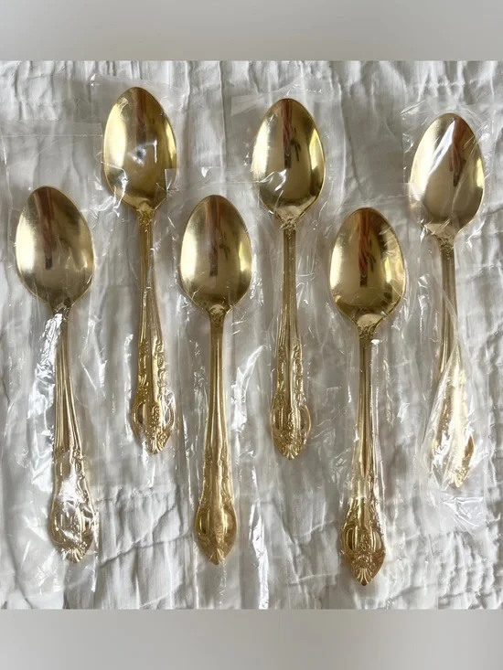 x6 New H.F. Ltd Gold Plated Stainless Steel Teaspoon Spoon Pierced Rose