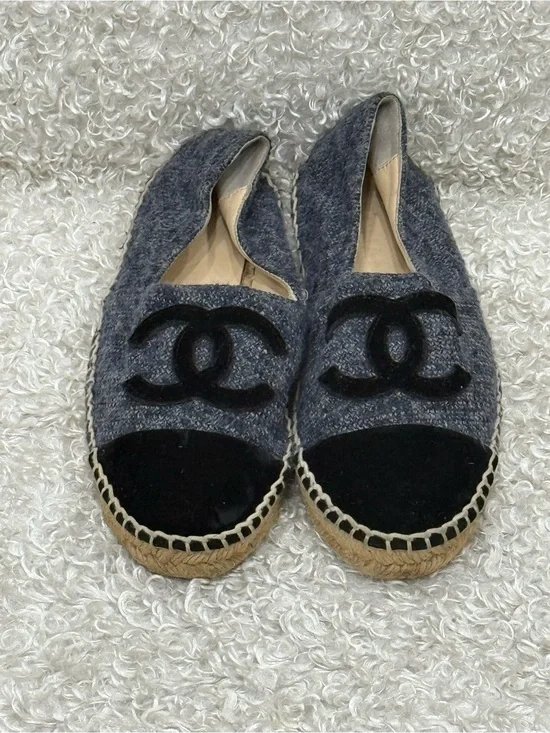 Chanel Grey and Black Tweed Espadrilles Size 38
