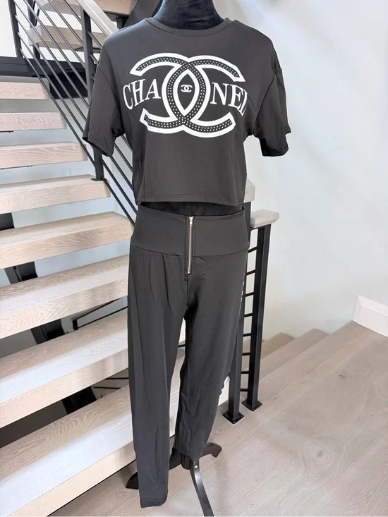 Chanel Black Logo Cropped Top & High-Waist Pants Set size L
