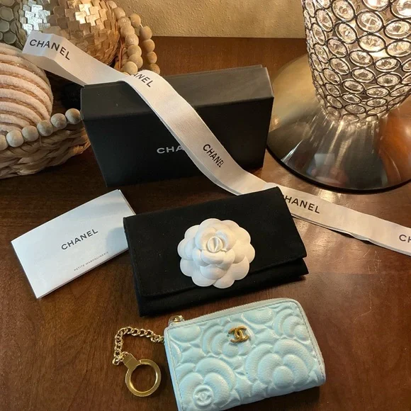 Beautiful Chanel Camellia Coco Mark Coin Case Wallet Light Blue