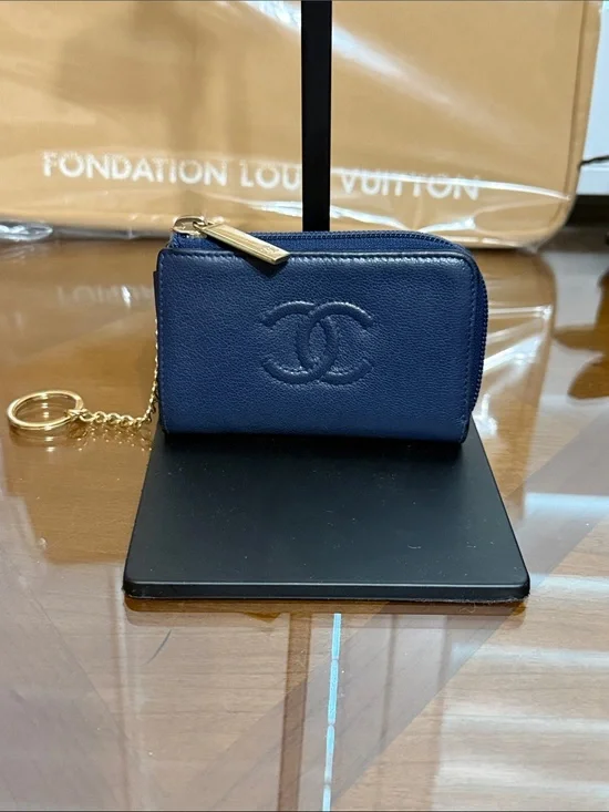 CHANEL Navy Leather CC Logo Key Pouch with Gold Chain