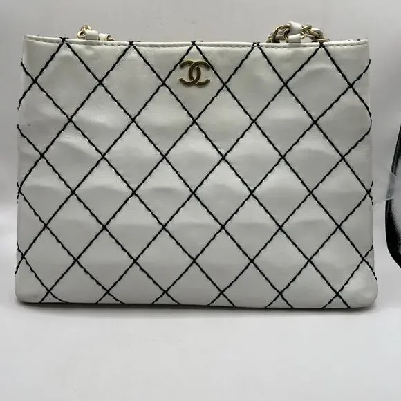 CHANEL Wild Black Stitch White Shoulder Tote Bag Double Chain Gold Tone Hardware