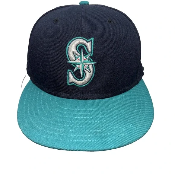 New Era 59FIFTY Seattle Mariners Hat Navy Teal On-Field Fitted Cap 7 5/8 MLB