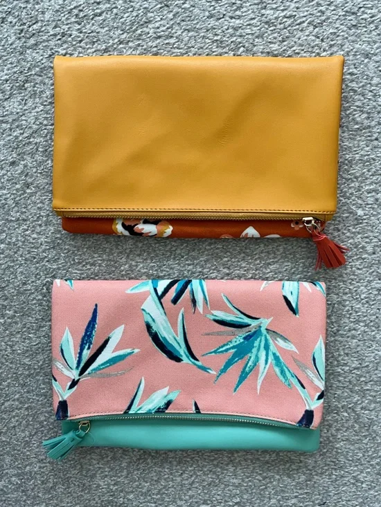 NWOT Rachel Pally Yellow Foldover Clutch & Pink Floral Teal Trim Clutch Duo