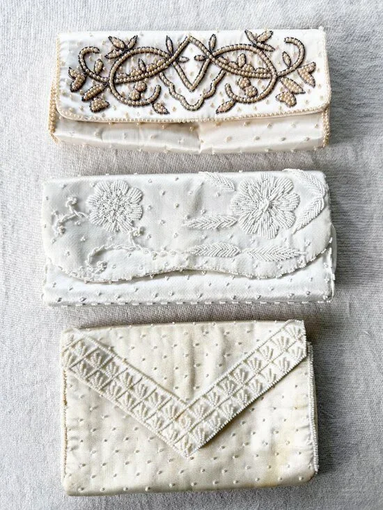 Three 1950's Vintage Ivory Satin and Beaded Pearl Clutch Purses