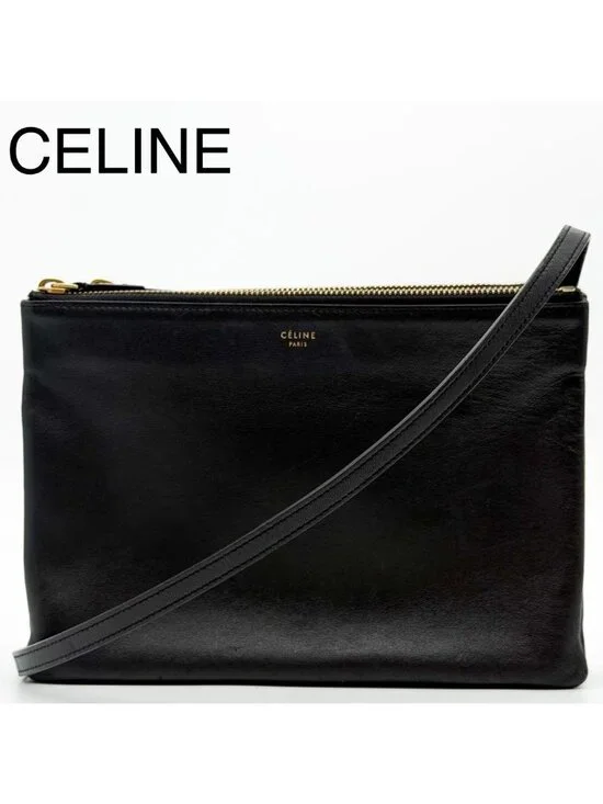 Celine Trio Large Shoulder Bag Black Leather Clutch
