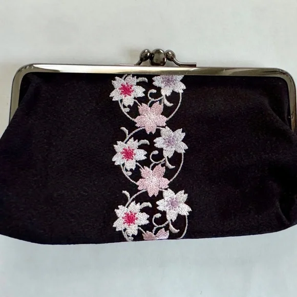 Black Cherry Blossom Evening Clutch, Japan Black with Silver Clasps, Two pockets