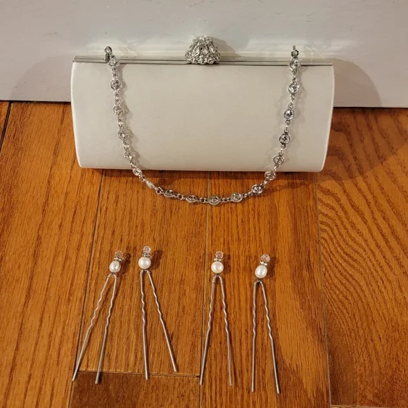 Elegant Bridal/Formal Nordstrom Satin Ivory Small Clutch Bag + Matching Hairpins