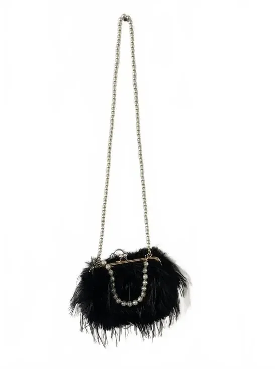 Black Faux Feather Purse with Prominent Pearl Strap.
