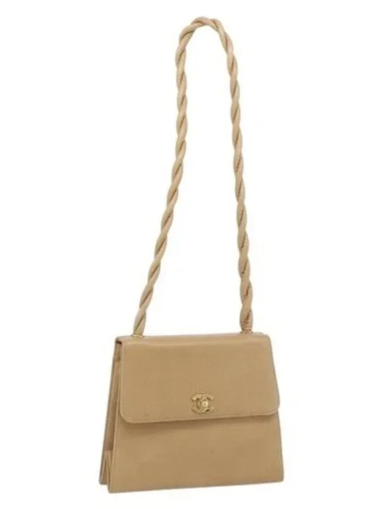 CHANEL Shoulder Bag Grained Calf Skin Beige Gold CC Auth BA2341