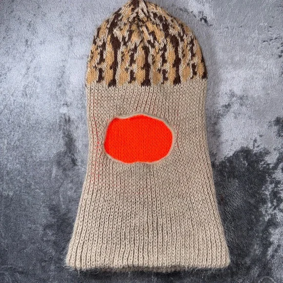 Handmade Reversible Knit Balaclava Face Mask Tan Brown Pattern Neon Orange Camo