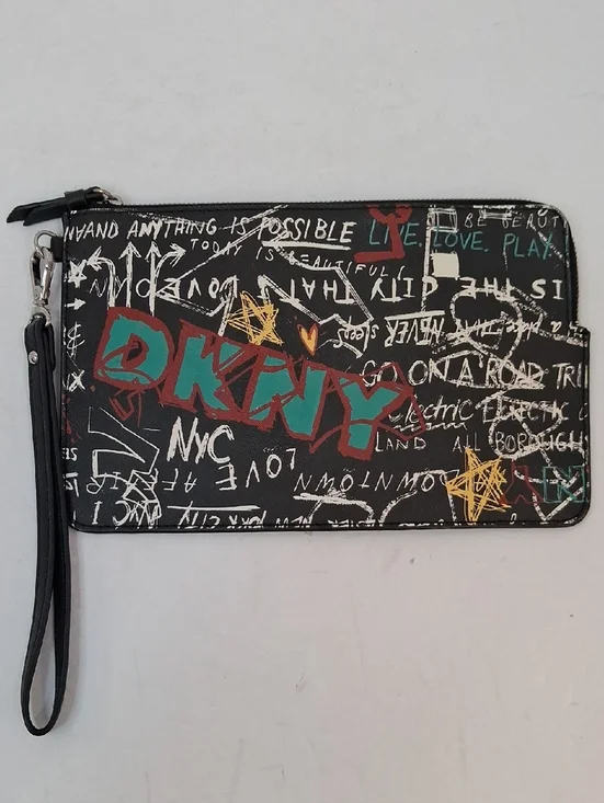 DKNY Black Wristlet with Teal & Red Logo and Yellow Accents