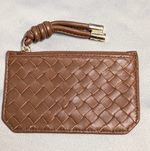 Woven Leather Card Wallet in Brown