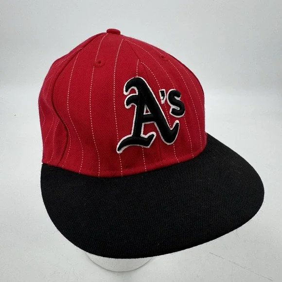 Oakland Athletics Hat Cap Mens Fitted‎ 7 1/4 New Era 59 Fifty Red With Pinstripe