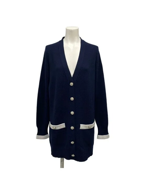 Chanel Cardigan 36 S Navy Light Gray Silver Button Cashmere