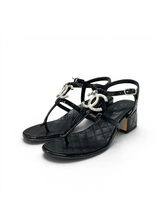 Chanel Sandals Shoes Patent Black Silver CC Logo Camellia Strap Thong