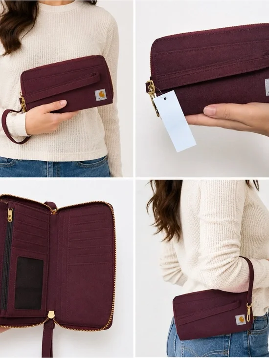 Carhartt Nylon Duck Lay-Flat Clutch Wallet RFID Burgundy NWT Tin Gift Box