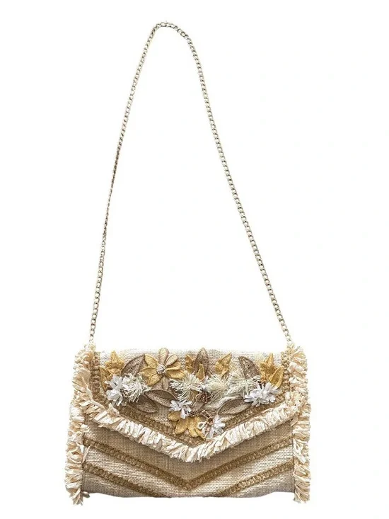 Chico's Beige & Gold Floral Embellished Chain Shoulder Crossbody Clutch Bag